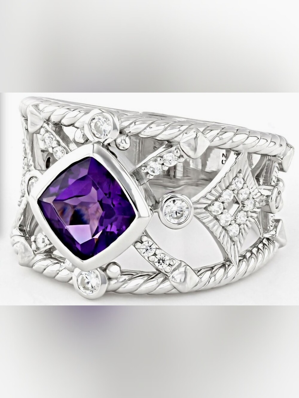 Judith Ripka Natural Amethyst and CZ ring in Rodium Plated 925 Sterling Silver. - Picture 2 of 4